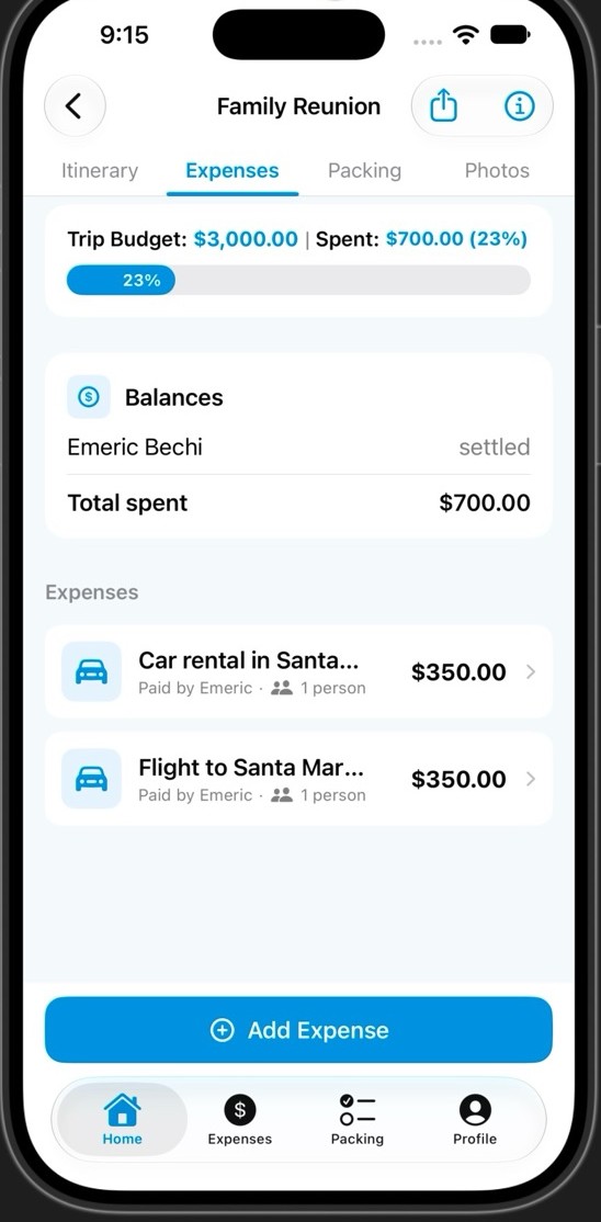 TripTogether expenses tab with trip budget and balances