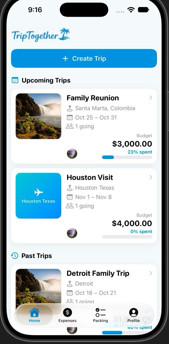 TripTogether home screen with trip covers