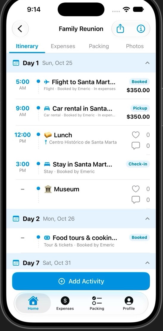 TripTogether itinerary with a booking in the day list