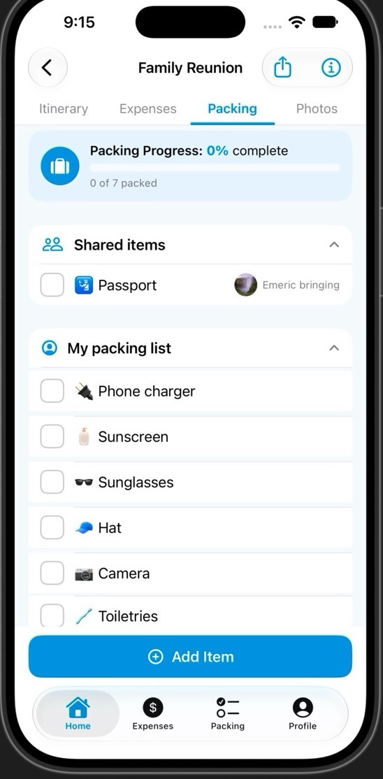 TripTogether packing list with progress